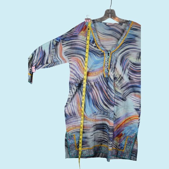 Eres Printed Mini Dress Women's Size Medium Blue Shift 3/4 Sleeve V-neck Tunic - Picture 7 of 10